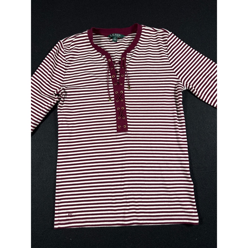 Lauren Ralph Lauren Burgundy White Striped Lace Up Top M Gold Hardware LRL Logo